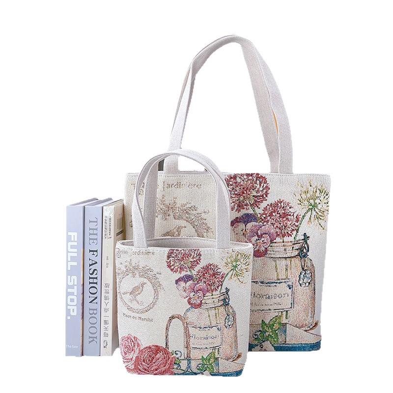 1Pc Flower In A Bottle Double-sided Gold Silk Jacquard Embroidered Canvas Handbag Shoulder Bag Literature and Art Student Commute Bag Lightweight
