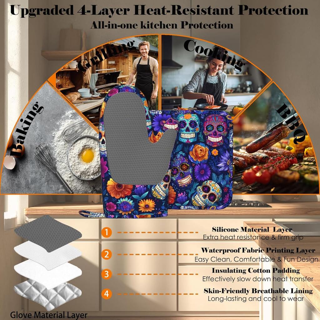 Day of The Dead Oven Mitt and Pot Holder with Silicone Heat Resistant Kitchen for Cooking BBQ Baking Grilling Cooking Protection