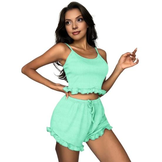 Women 2 Piece Pajama Set Ruffle Trim Cami Top M циан