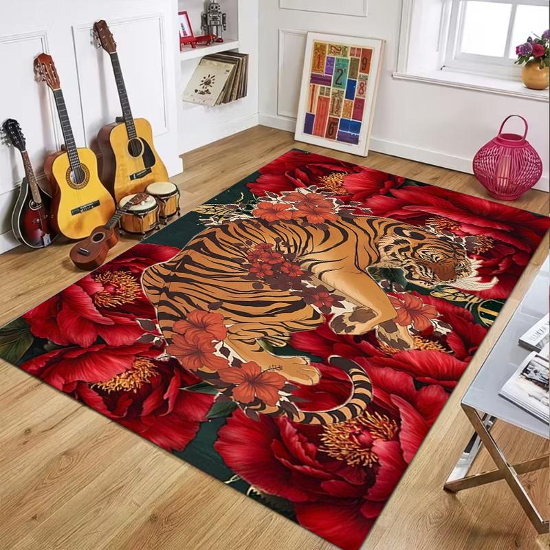 Artistic Tiger Floral Carpet Large Area Rug Living Room Bedroom Mat Home Decoration Bohemian Style Soft Non-slip Rug Mat