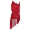Women Latin Tango Tassel Dance Dress Asymmetrical Shoulder Glitter Rhinestones Irregular Hem Openable Crotch Leotard Dancewear for Stage Competition
