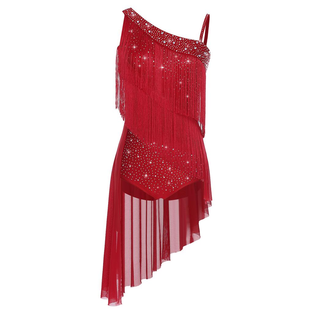 Women Latin Tango Tassel Dance Dress Asymmetrical Shoulder Glitter Rhinestones Irregular Hem Openable Crotch Leotard Dancewear for Stage Competition