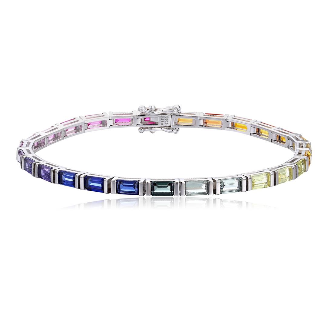 925 Silver Rainbow Tennis & Bangles Bracelet Lab Grown Sapphire Square Cut Classic Custom Safety Clasp Unisex