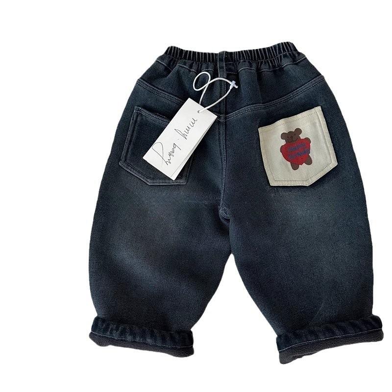 Kids Fleece-Lined Denim Pants with Cute Bear Print for Boys and Girls