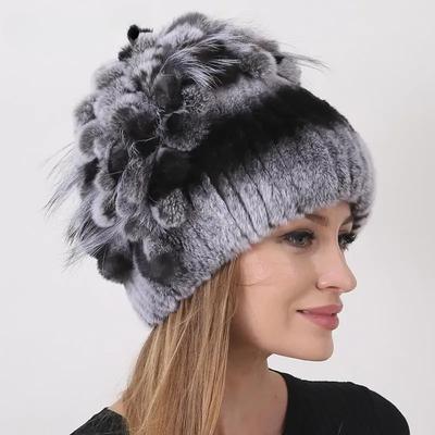Floral Rabbit Fur Hat Women Fluffy Warm Winter Thick Hat Elegant Stylish Russian Fur Cold Hat Rex Rabbit Fur Beanies Striped Top