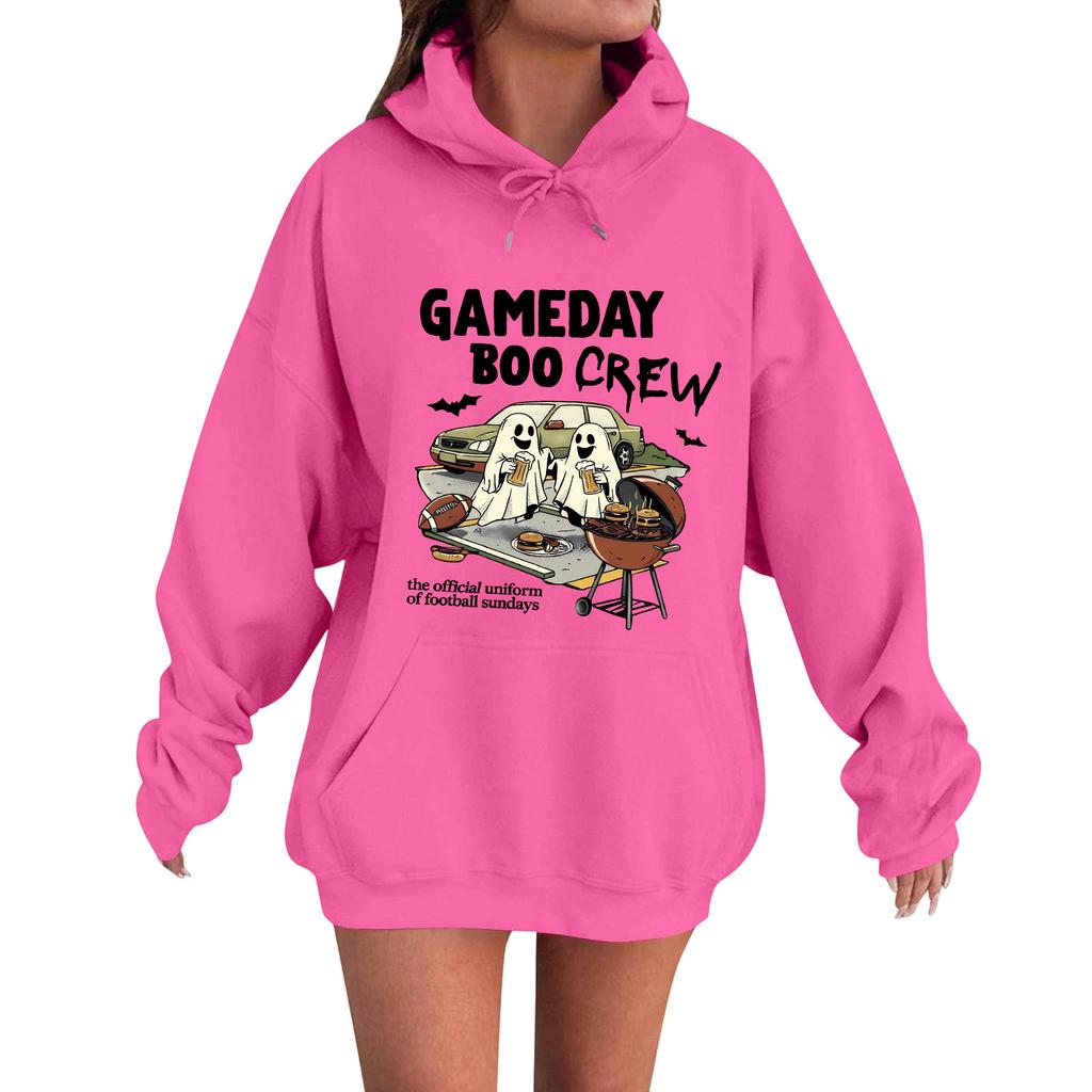 Women's Casual Fashion Comfortable Round Neck Gameday Boocrew Halloween Print Hooded Sweatshirt