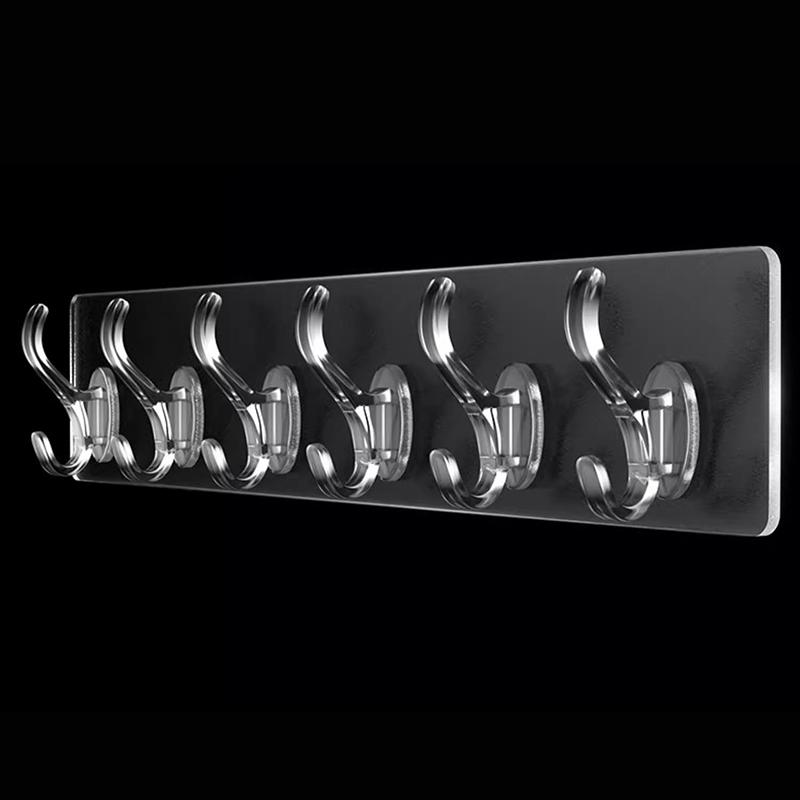 6 Row Multipurpose Hooks Nail-free Transparent Holder Strong Self Adhesive Wall Hook Kitchen Bathroom Traceless Hanger Stickers