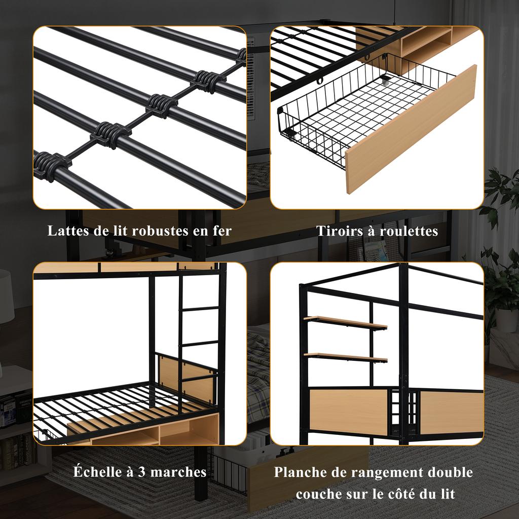 Bunk Bed, Iron + MDF, Double Shelf Board On the Side, Storage Space Under Bed, Bed Curtain Can Be Attached To Upper Bed, Black + Natural, 90x200cm