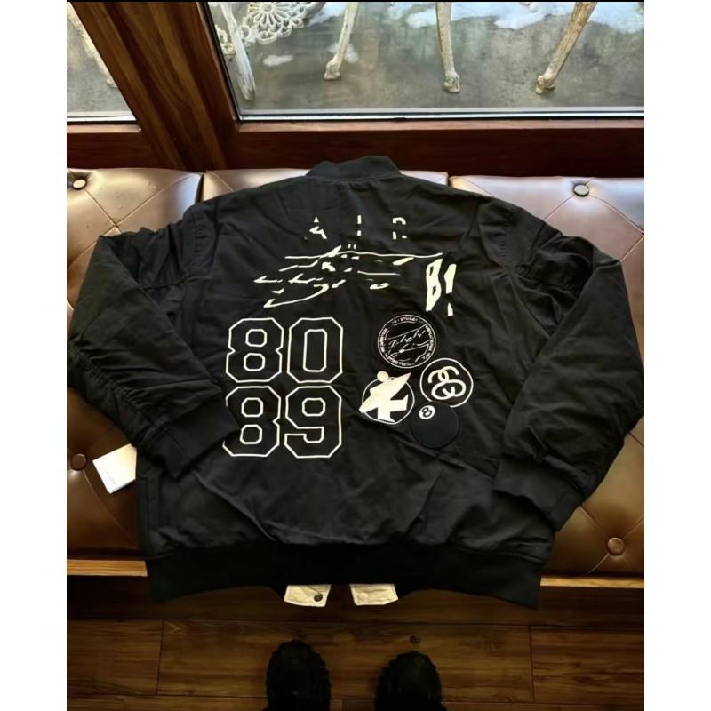 Unisex Oversized Embroidered Letter Bomber Jacket Casual Streetwear Windproof Warm Cotton Blend Outerwear