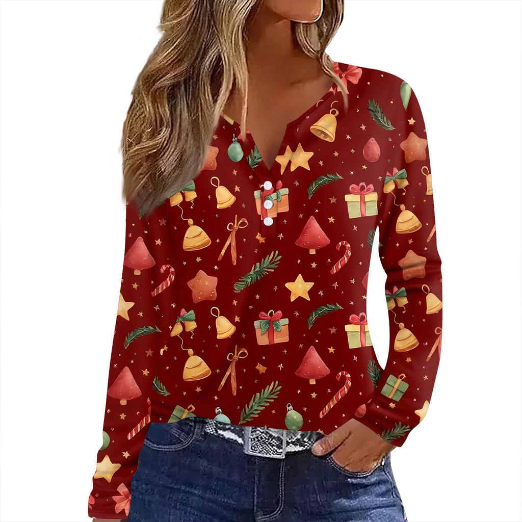 Women's T Shirt Tee Christmas Print Button Long Sleeve Daily Weekend Fashion Basic V- Neck Regular Top