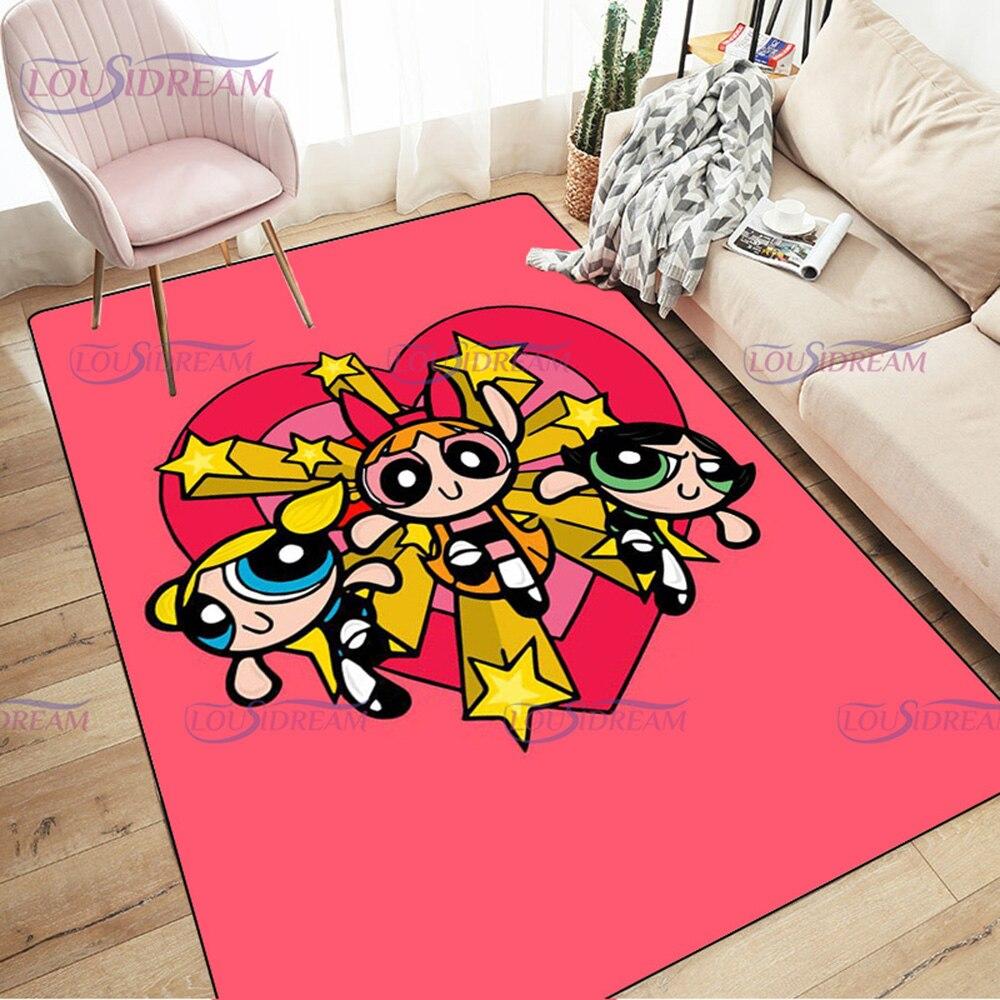 Alfombra de dibujos animados con estampado de Chicas Superpoderosas, decoración para sala de estar y dormitorio, alfombra antideslizante para baño, felpudo para suelo en el pasillo