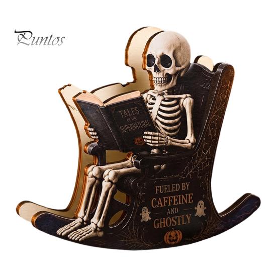 Spooky Bookshelf Ornament Halloween Rocking Chair Ghost/Skeleton Ornament, Wooden Desktop Decoration, Dynamic Ghost Decoration Figurine for