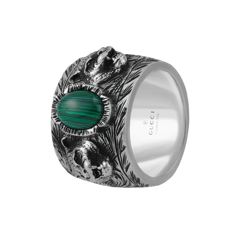 Gucci ring garden garden series wide inlaid tiger head frosted 925 silver malachite Silver 10