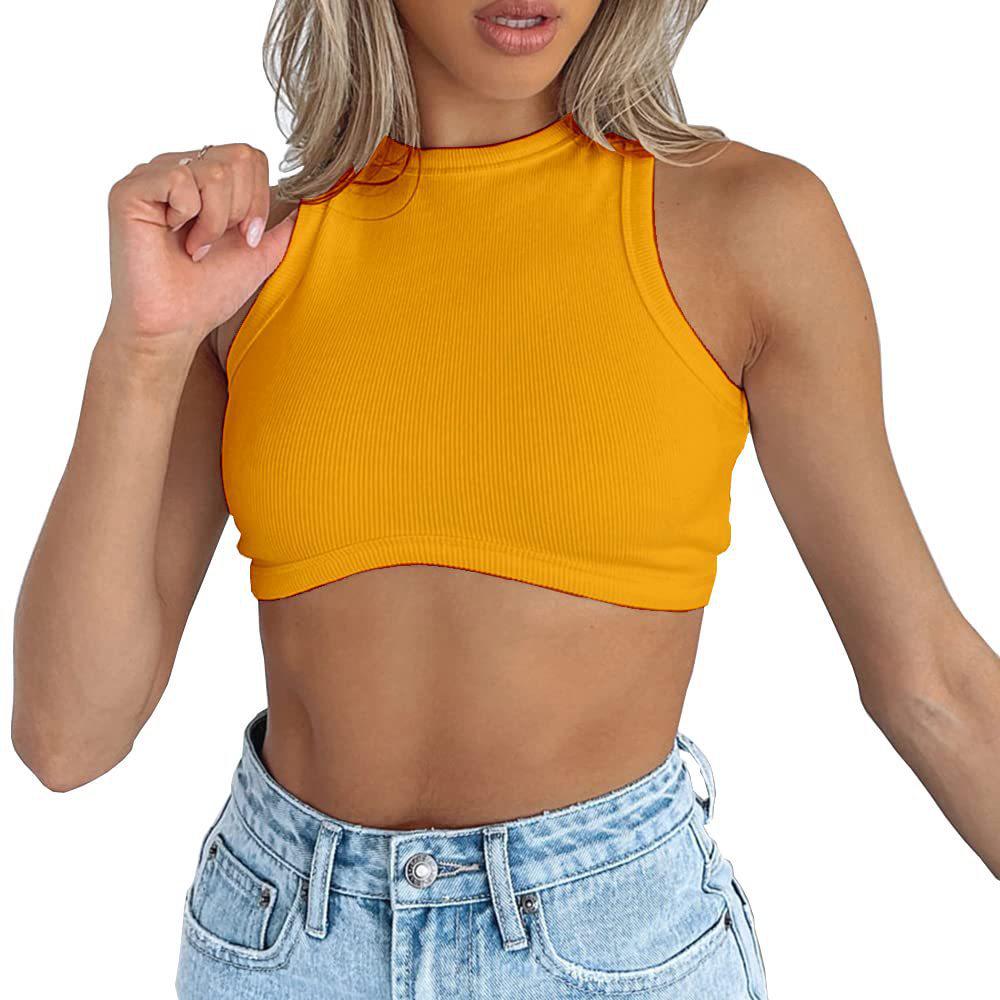 Dámský crop top bez rukávů z žebrovaného úpletu - Sexy styl s kulatým výstřihem