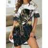 Vestido-pijama de manga curta com estampa de listras coloridas, estilo verão