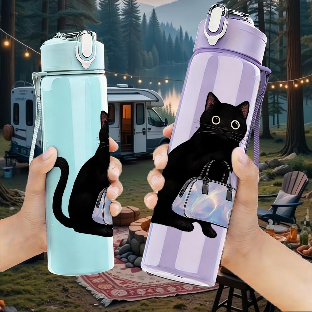 1PC Black Cat Carrying Shopping Bag 750ml Color Plastic Sports Water Bottle Leakproof Flip Straw Lid Suitable for Sports Office Home Use