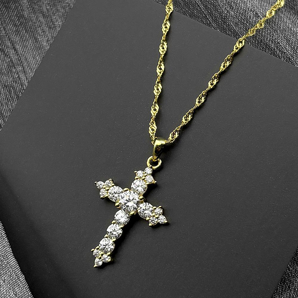 Shiny Hip Hop Zircon Cross Pendant Necklace for Women Stainless Steel Crystal Choker Christian Necklaces Jewelry Cruz Colgante