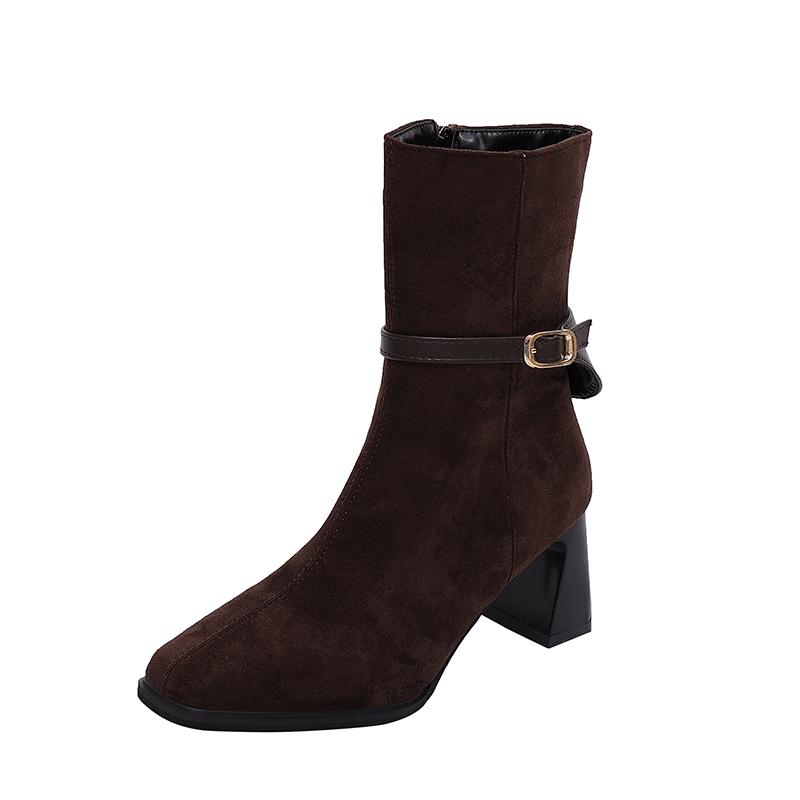 

Vintage Block Heel Booties Fall New Square Toe Zip Metal Buckle Anti-Slip Wear-Resistant High Heels 35