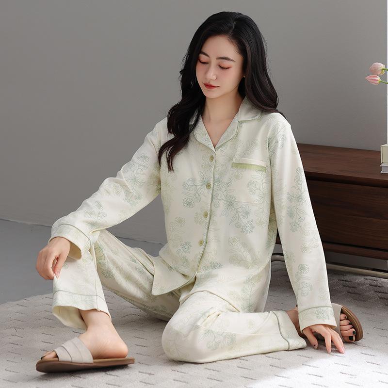 Pajamas Women's Spring and Autumn Autumn Pure Cotton Long-sleeved Cardigan Thin Cotton Women's Simple Temperament Loungewear Can Be Worn Outside
