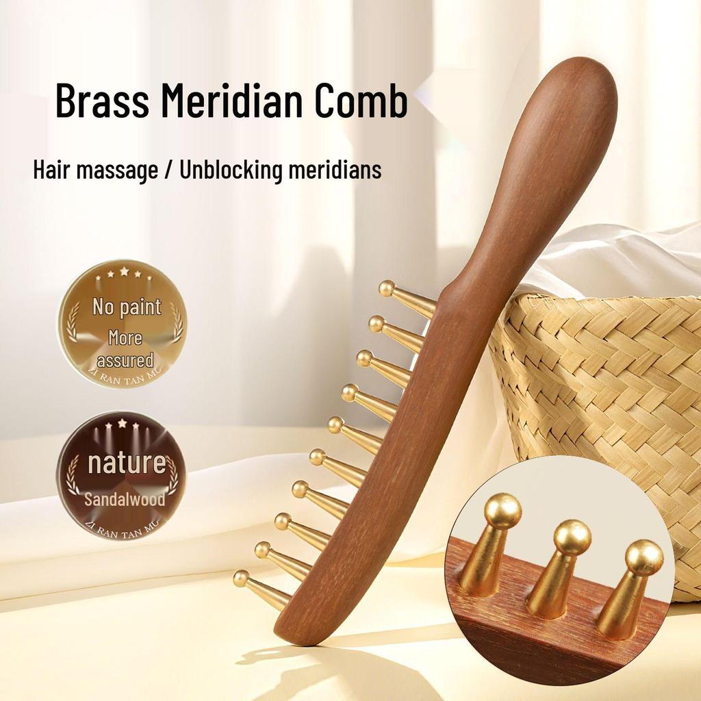 Brass Acupoint Head Massager & Scalp Therapy Comb with Large Tooth Gua Sha, Sandalwood Finish