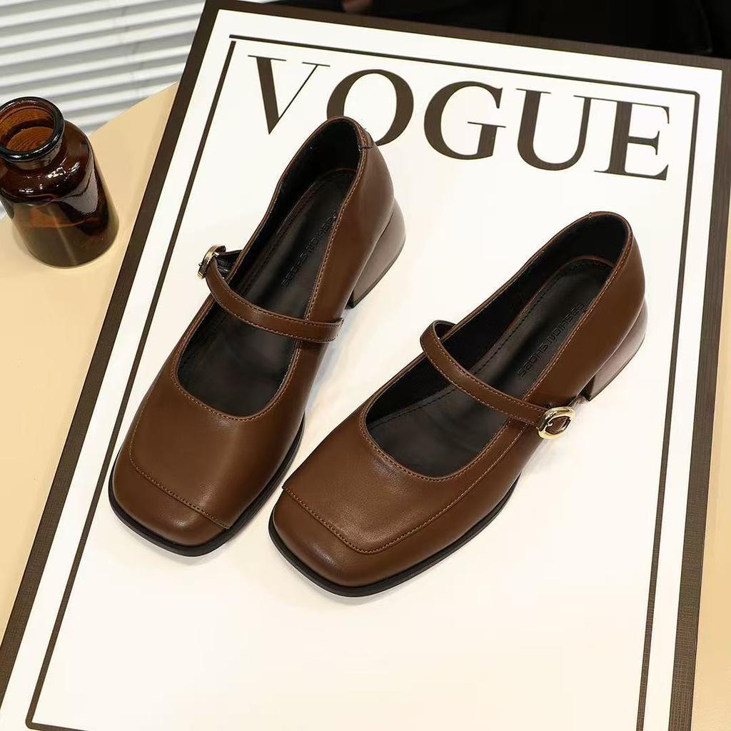 French temperament one-word Mary Jane shoes new autumn retro light mouth square head thick heel single shoes