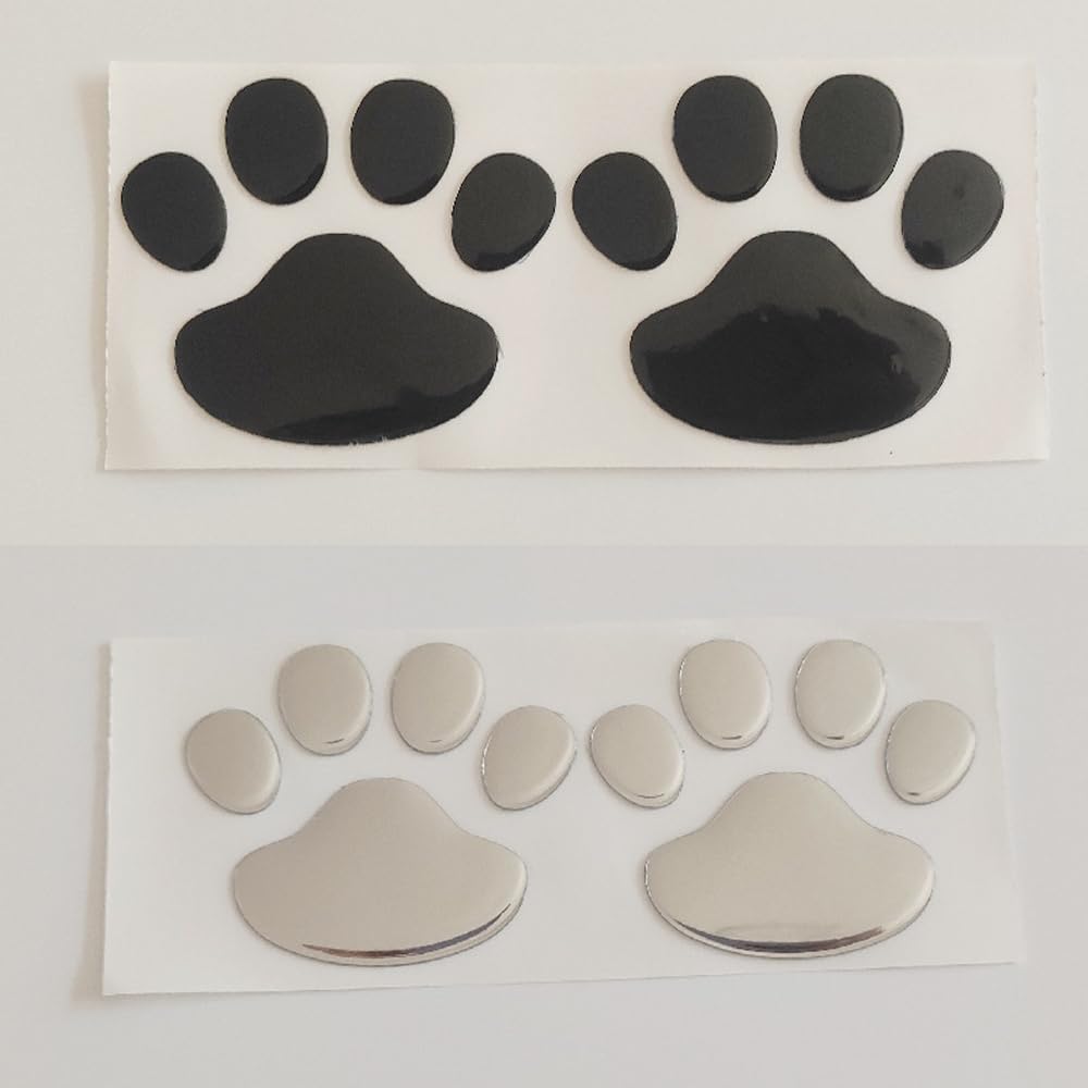 Mikankawa Car Stickers, Paw Stickers, 3D Stickers, Strong Adhesive, Waterproof, Conceals Scratches, Metal Texture, Black + Silver, Set of 12