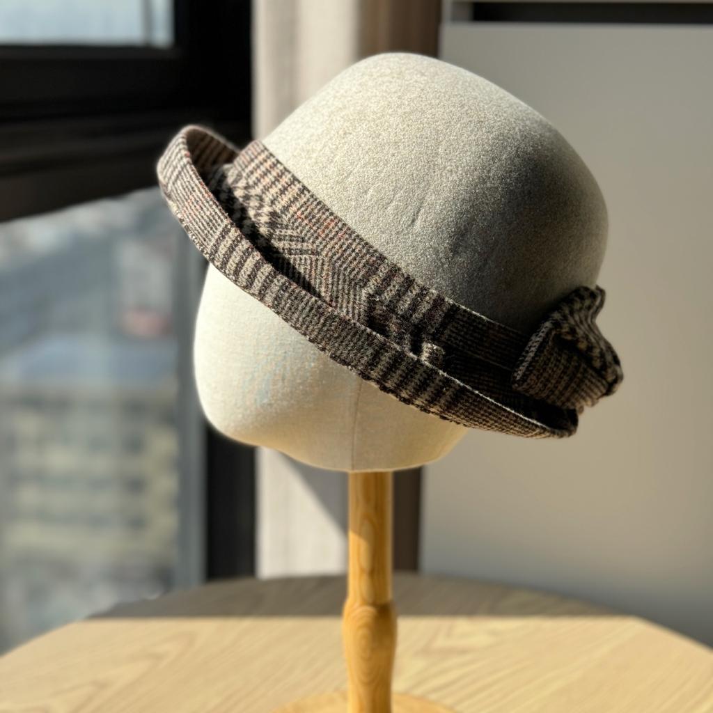 Korean Fashion Bow Thousand Bird Grid Basin Hat Autumn and Winter Top Hat Ladies Elegant Casual Warm Woolen Bucket Hat