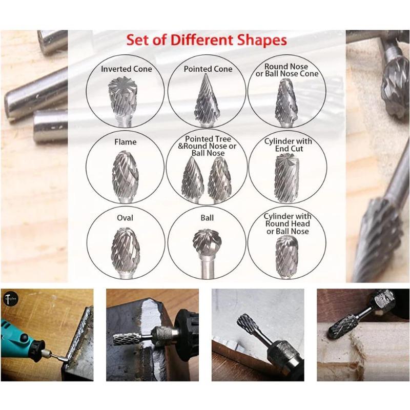 10pcs/set Tungsten Carbide Rotary Burr Set Carving Burr Bits with 3mm Shank 6mm Bit for Wood & Stone Carving, Steel Metal Working