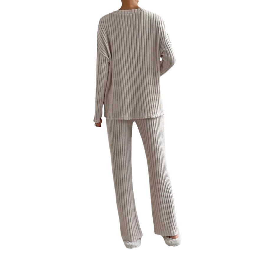 2024 Autumn Women's V-Neck Striped Knit Suit: Fashionable Two-Piece with Casual Straight Pants