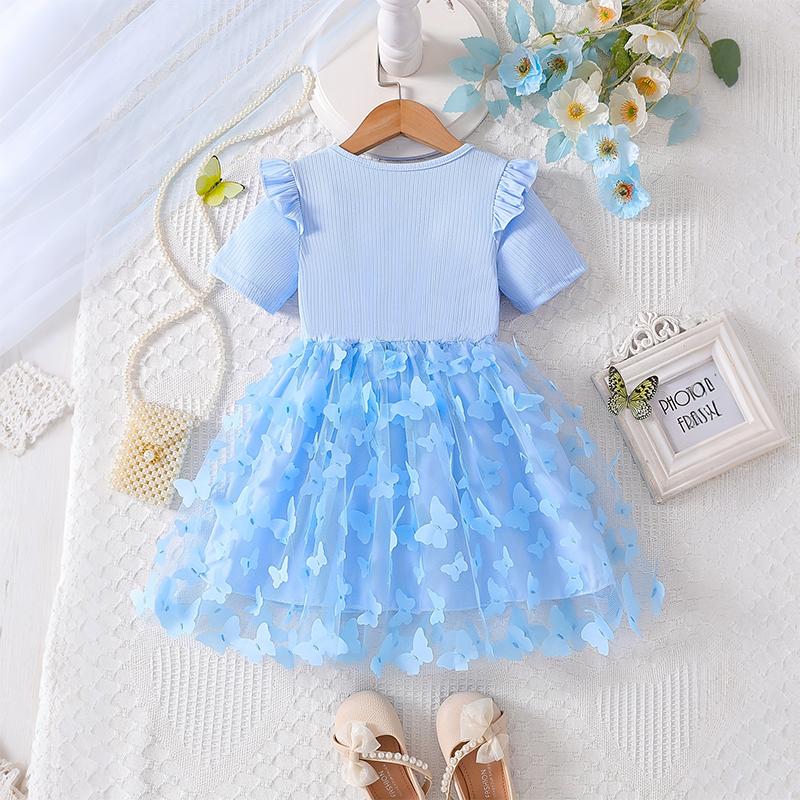 Girls Butterfly Tulle Dress, Case printing,Cute Princess Party Dress with Bow, Short Sleeve Summer Dress for Little Girls