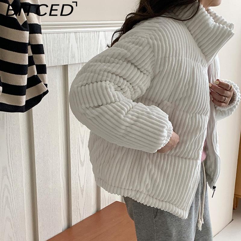 BITCED Winter Women's Stand Collar Short Corduroy Quilted Down Jacket Loose-Fit Lightweight Cotton-Padding Coat