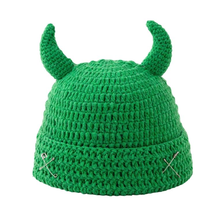 Crochet Horn Cap for Fall Winter Outfits, Brimless Devil Hat with Front Pin Accent for Party Photo Outfit Looks