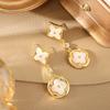 New High-End Mother-of-Pearl Four-Leaf Clover Geometric Earrings, Copper Plated with Real Gold
