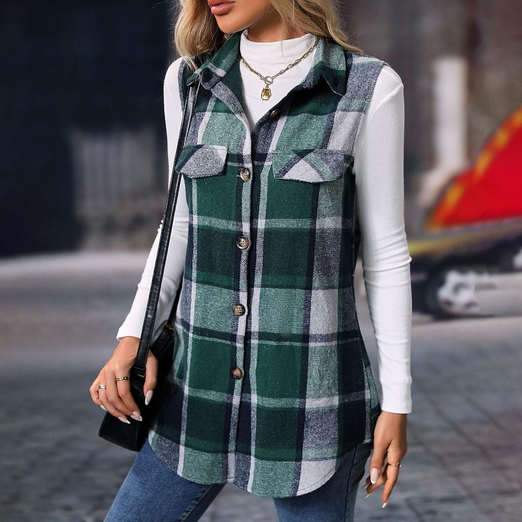 Women's Fashion  And Winter Plaid Loose Cardigan Sleeveless Vest Jacket