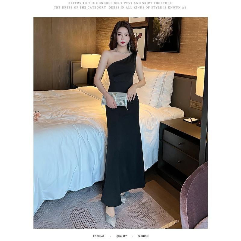 New women s clothing banquet host slim fishtail dress noble and elegant single shoulder diagonal collar evening dress S