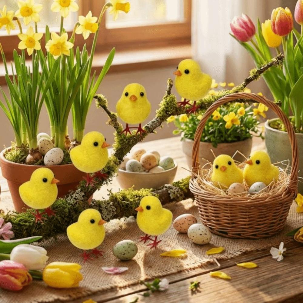 Realistic Easter Chick Figurine Flocking Chicken Doll Cute Plush Chicken Ornament Garden Decor