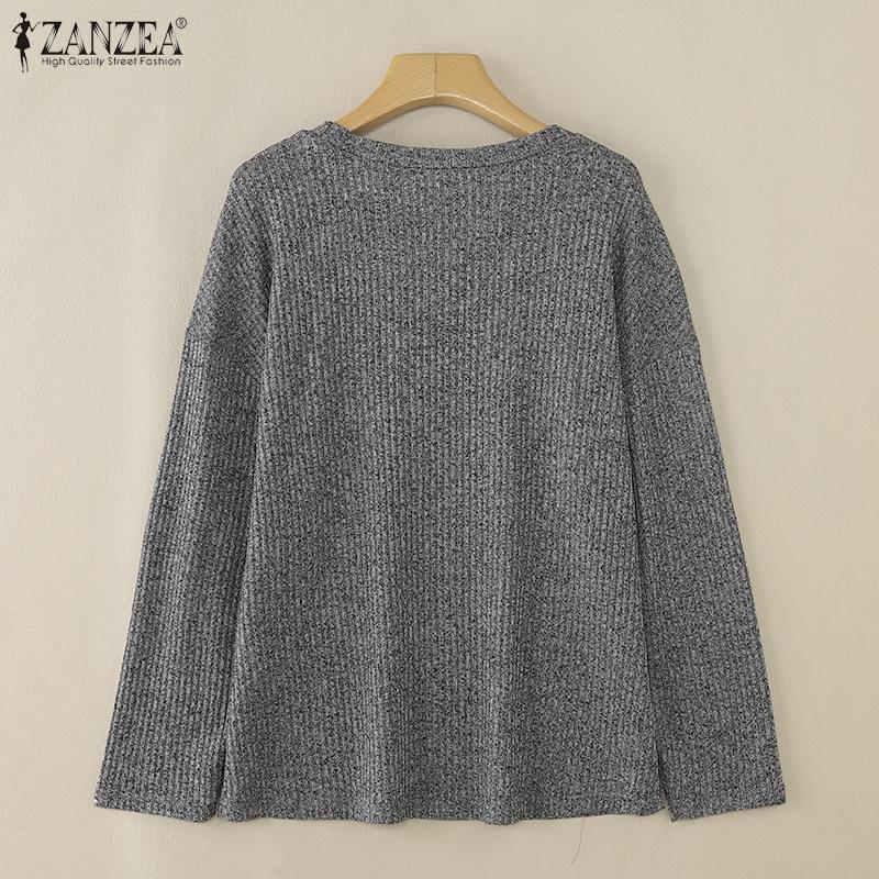 ZANZEA Womens Round Neck Solid Color Loose Long Sleeve T-shirts