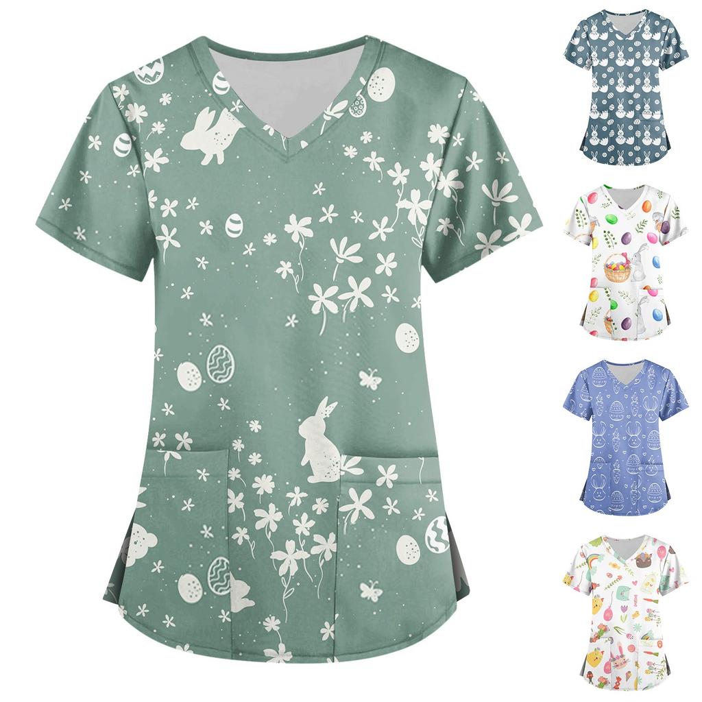 Women's Fashion V-neck Short Sleeve Workwear With Pockets Printed Tops