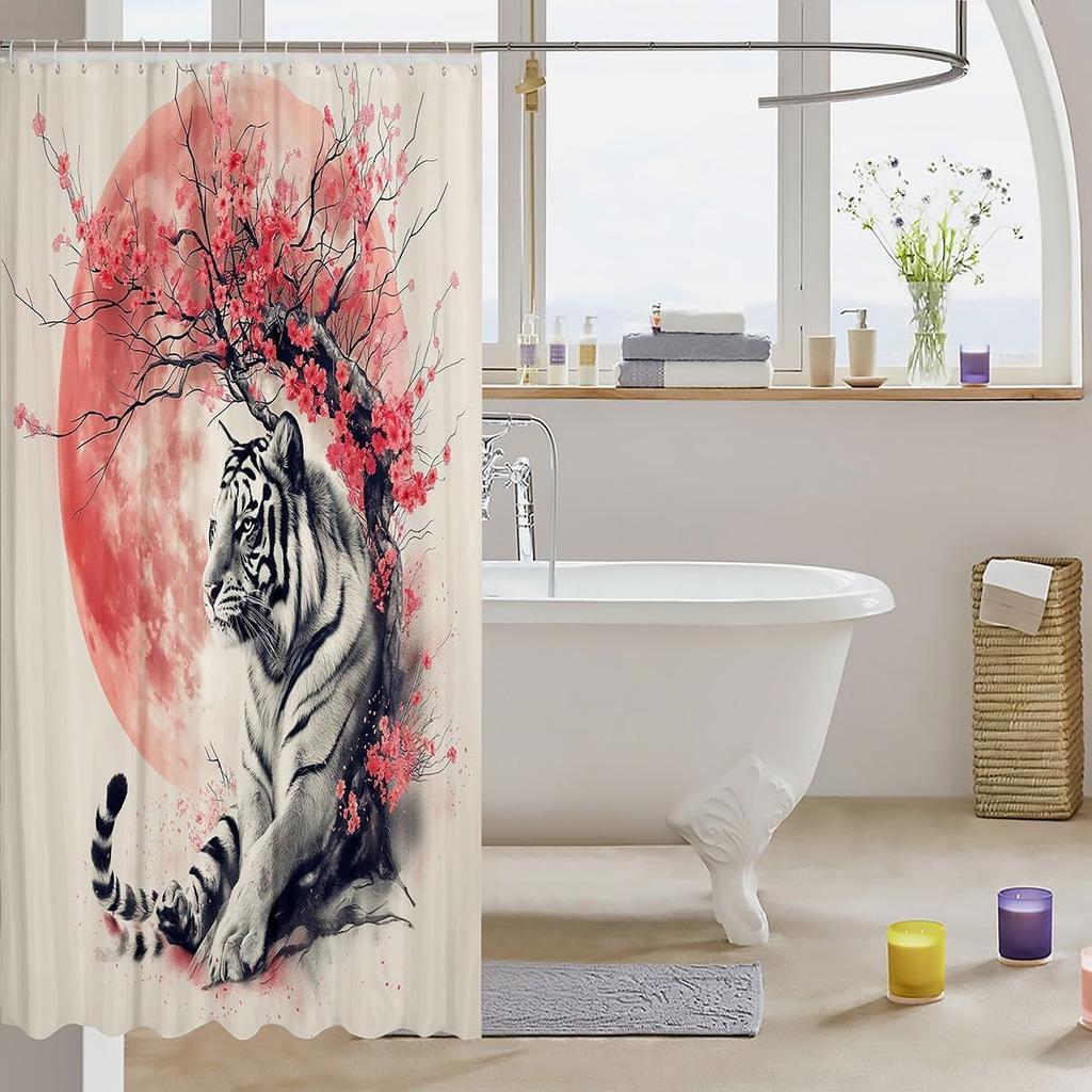 Sakura Tiger Shower Curtain Japanese Ukiyo Watercolor Red Sun Wild Animal Floral Kids Adult Bathroom Decor Hooks