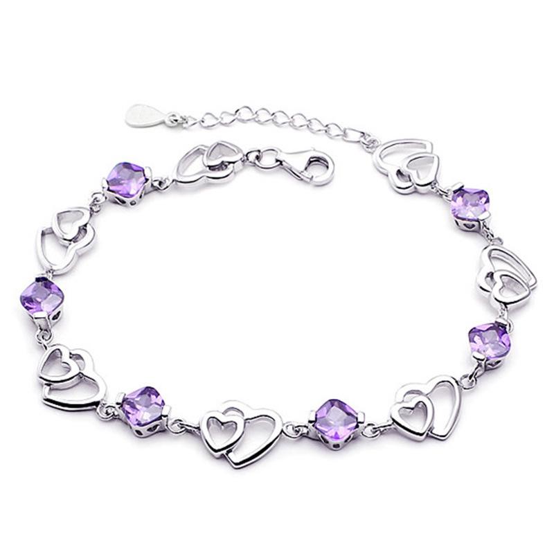 Weihua Women's Silver-Plated Double Heart Amethyst Bracelet - Korean Style Jewelry.