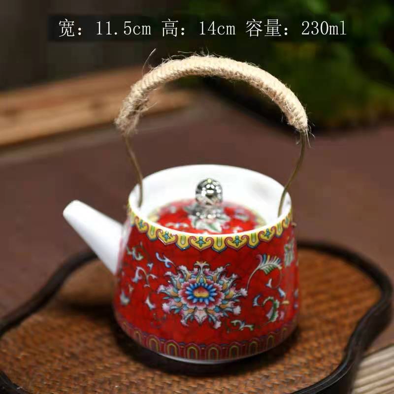 Large Ceramic Teapot Set with Hand Painted Flowers Home Tea Brewing Kungfu Tea Kit with Handle