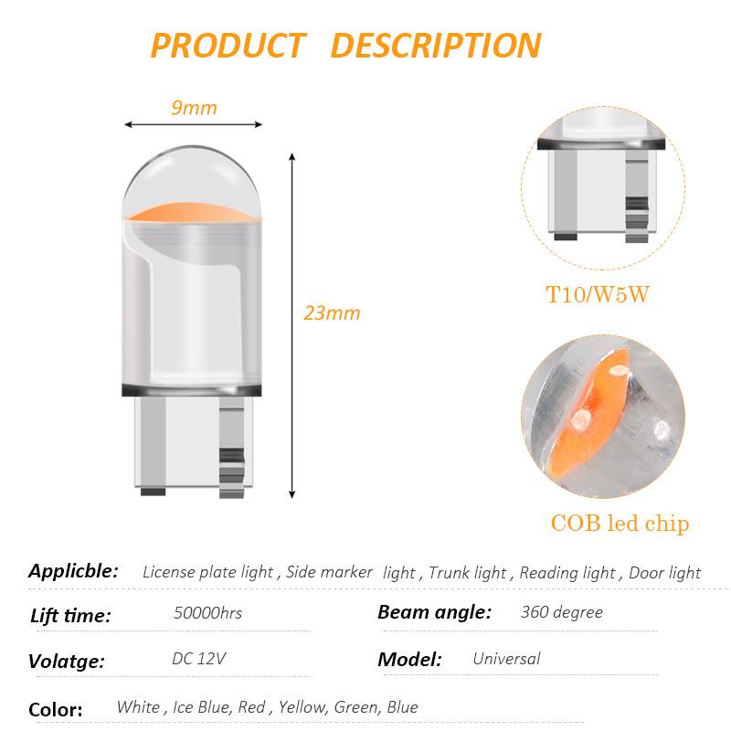10 PCS T10 W5W LED Signal Light for Car Bulb Glass Housing COB 7000K White 12V Auto Interior Wedge Side Door Dome Reading Lamps