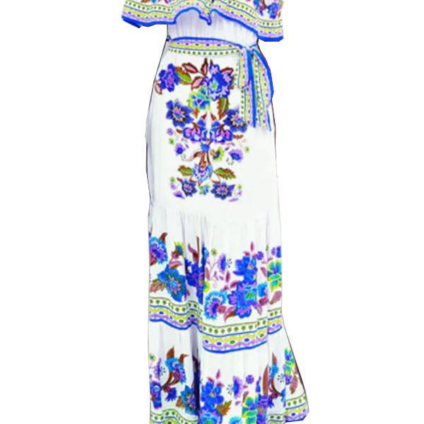 Bohemian Off-Shoulder Red Floral Long Dress - Women's Ethnic Vacation Style