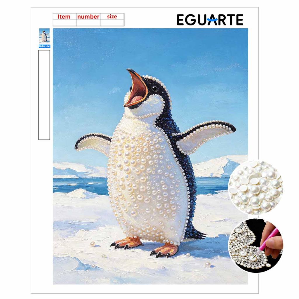 Sparkling Pearl Painting on Stretched Frame Cute Penguin Design DIY Bead Art Canvas Relaxing Hobby Gift for Craft Lovers Creative Decor