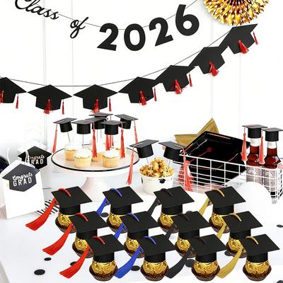 10/20/30Pcs Mini Graduation Cap Black Hats with Tassels Grad Cake Pops Bottle Cover Toppers for Graduation Party Decorations