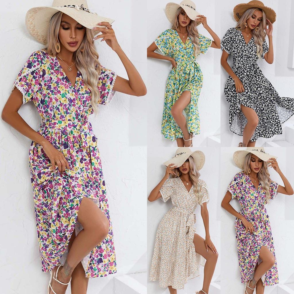 Summer Women's Floral Split V-neck Dress European American Style Casual Fashion Dress