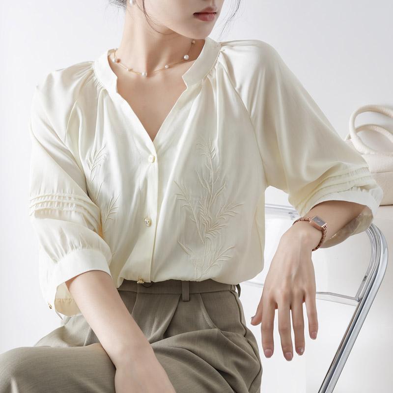 Solid Elegant French Embroidery Retro Sexy Shirt Women Basic Sweet Three Quarter Sleeve Tops Female Korean Fashion Design Niche Casual Slim Clothing