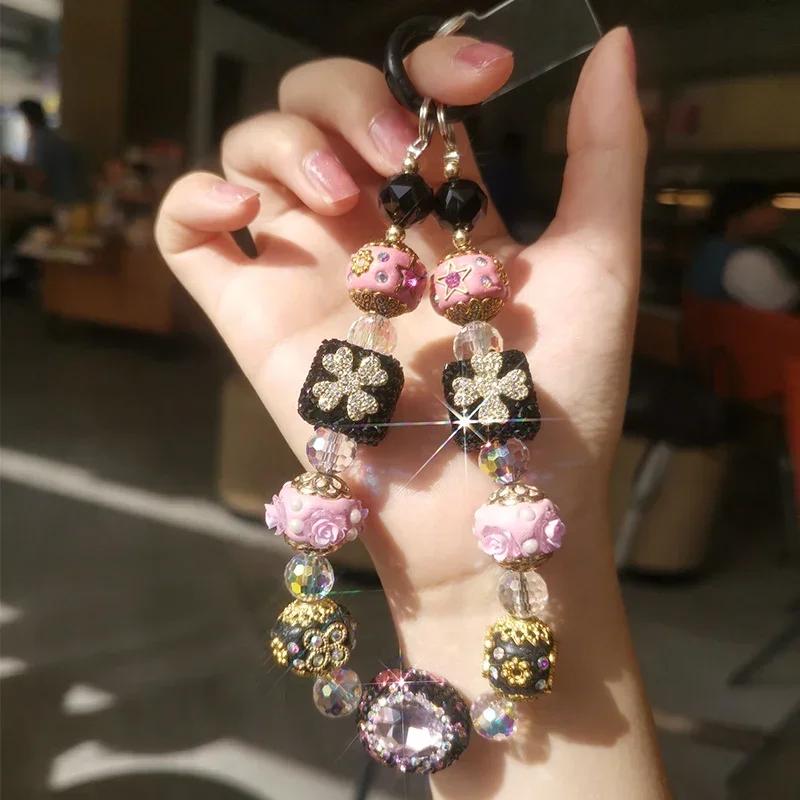 

Mobile Phone Lanyard with Diamond Handmade Bead Pink Black Style Decoration Mobile Phone Case Decoration Pendant Keychain Strap Other