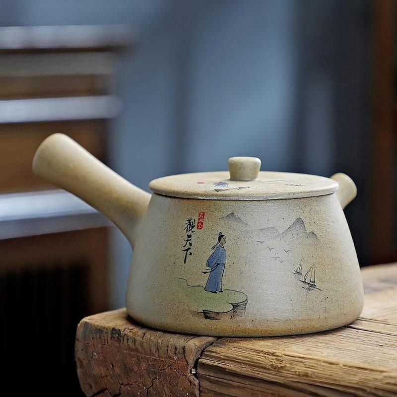 Wykwintny ceramiczny czajnik do herbaty Klasyka Chin Gruboziarnista ceramika Czajnik z uchwytem Ceramika Czajnik z drewna tekowego Czarny Zielony fioletowa glina Zestaw do herbaty z surowej rudy