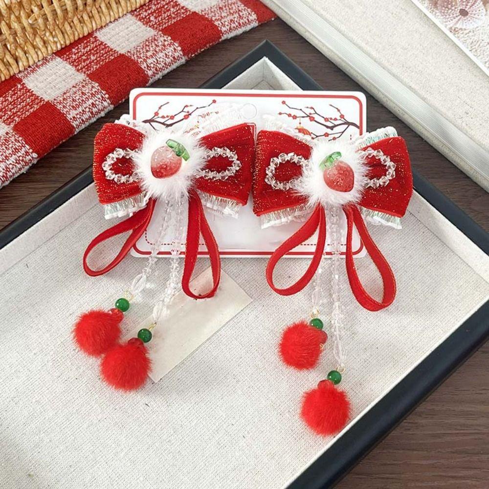 2pcs Bow New Year Tassel Barrettes Plush Ball Embroidered Bow Headwear Hanfu Hair Accessories  Kids
